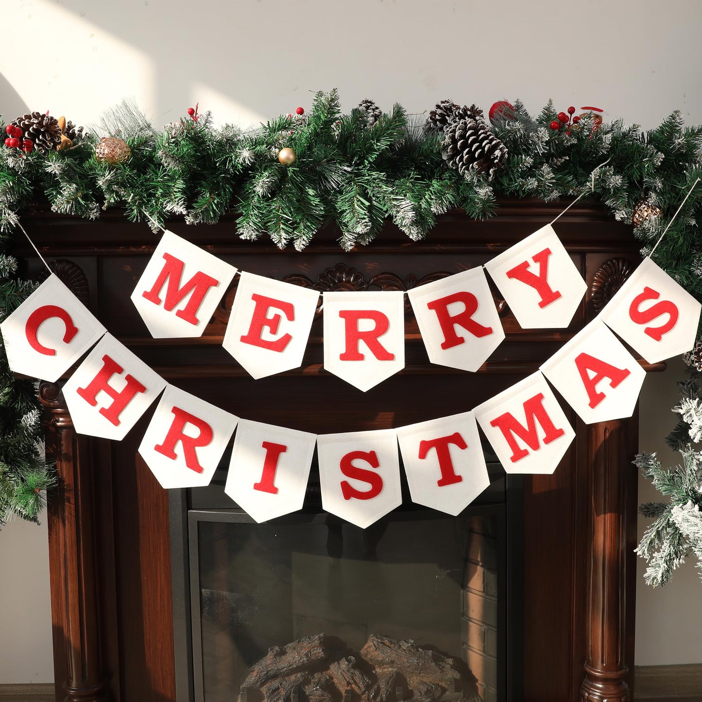 JUIIZAY Felt Merry Christmas Banner Xmas Decorations Christmas Sign Pre-Assembled Celebration Hanging Decor For Home Office Fireplace