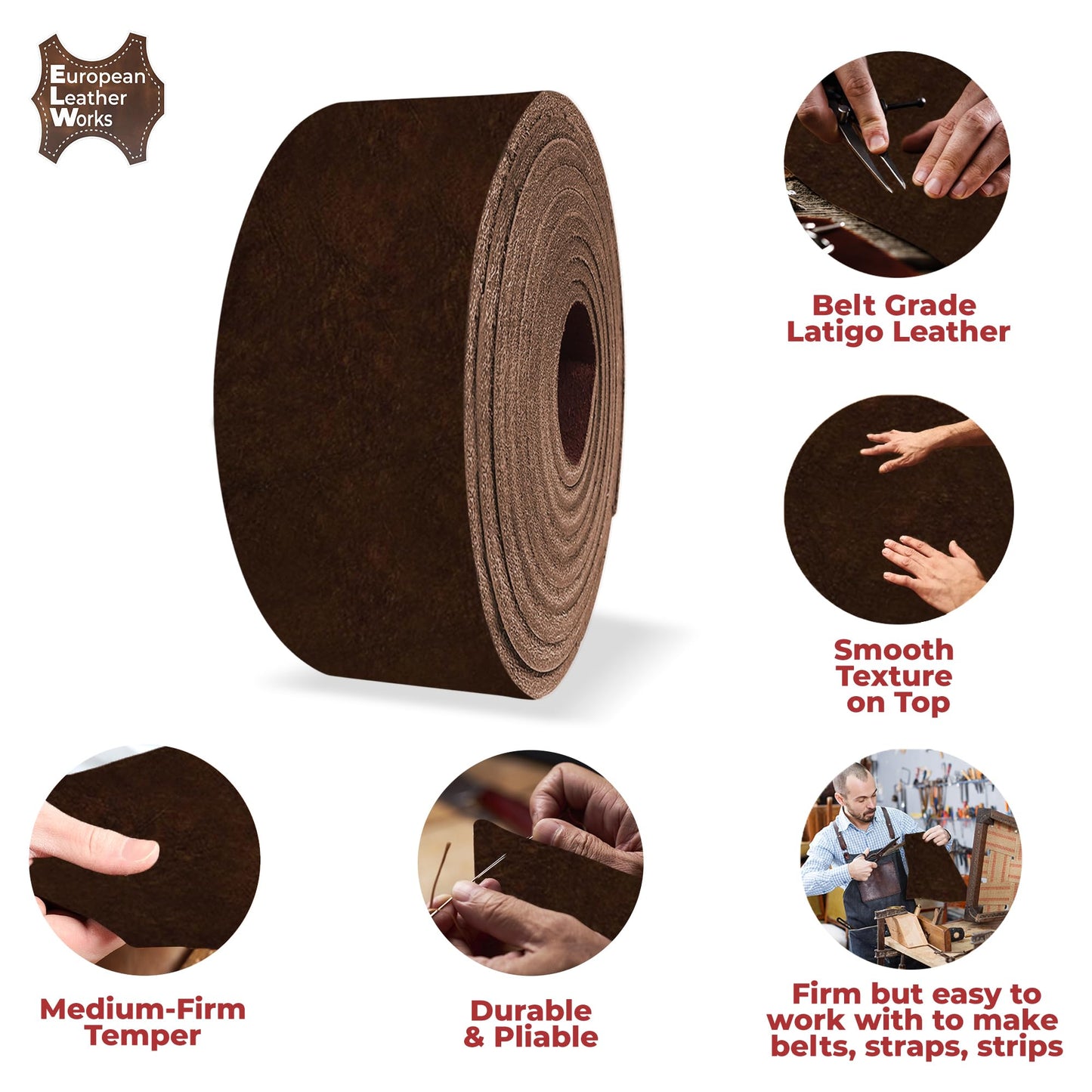 ELW 5-6 oz (2-2.4mm) Latigo Leather Belt Grade Straps | Size: 1.5"x50" (3.8x127cm) | Brown | Full Grain Cowhide, Heavy Duty Holsters, Sheathes, Harness, Saddle, Guitar Straps, Crafts