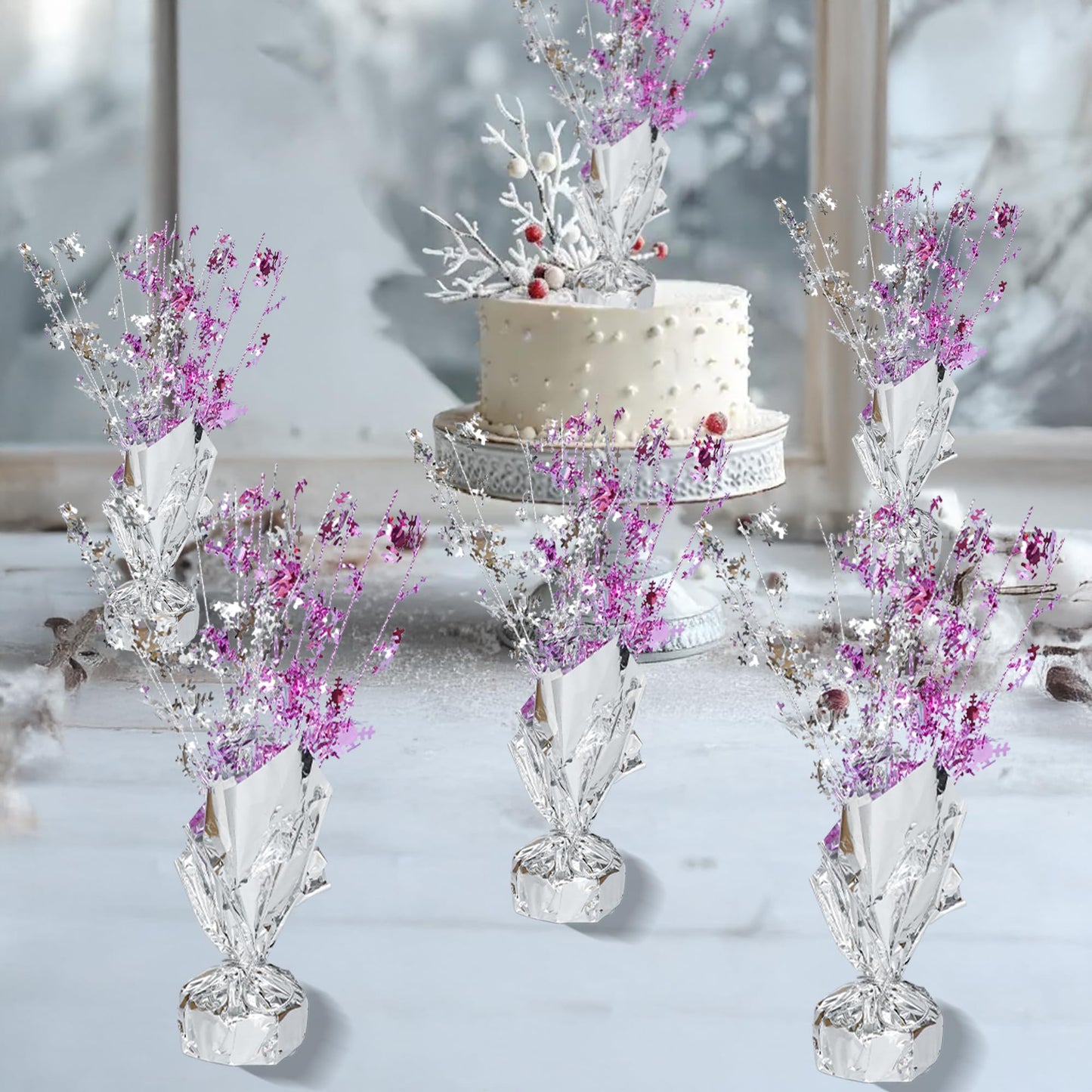 Gyufise 6 Pack Metallic Foil Spray Centerpiece Snowflake Table Decoration Burst Table Centerpieces Table Decor for Winter Wonderland Birthday Wedding Anniversary Holiday Party Supplies Pink Silver