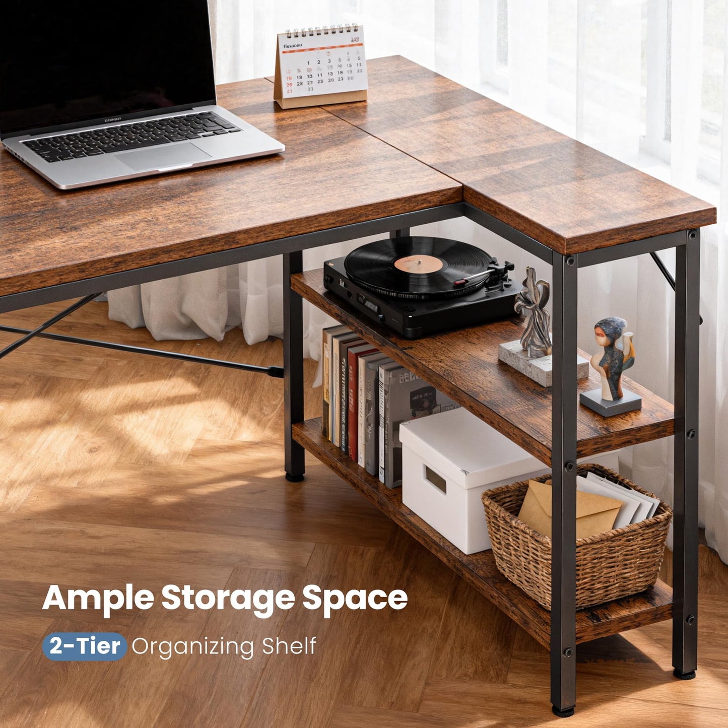 DUMOS L Shaped Desk 47 Inch Computer Desk Gaming Furniture Corner Desks Home Office PC Table with Reversible Storage Shelves for Writing Working Study Bedroom Dorm, Rustic Brown