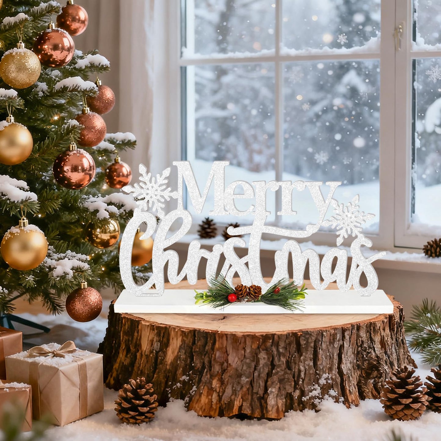 Wooden Christmas Decoration Merry Christmas Tabletop Decor, Snowflake Glitter Shining Xmas Table Sign, Farmhouse Rustic Winter Centerpiece for Home Kitchen Bedroom Tiered Tray Mantel Decor
