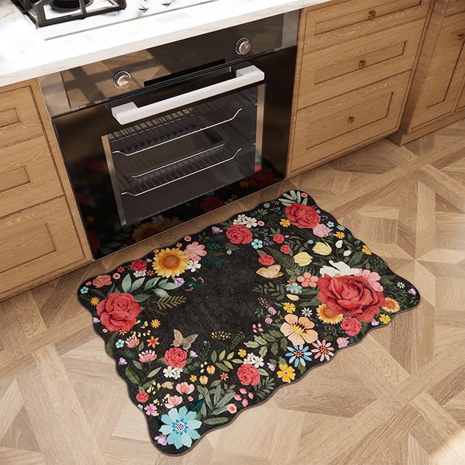 Washable Entryway Small Area Rugs: Door Mat Indoor Entrance 2x3 Floral Rug Ultra Thin Stain Resistant Non Slip Low Pile Lightweight Carpet for Kitchen, Front Door, Small Spaces Decor (Black)