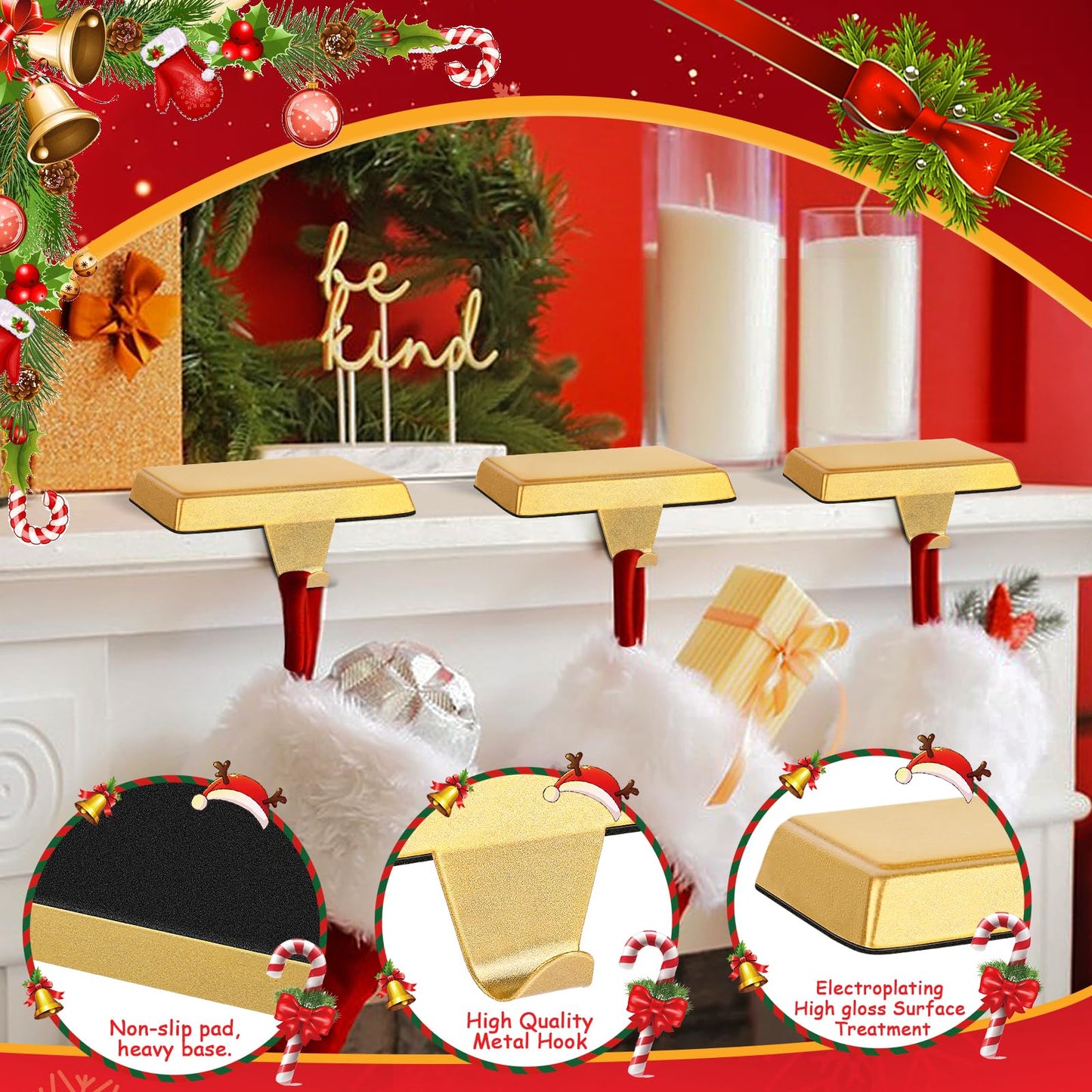 ToiULik Set of 6 Metal Christmas Stocking Holders for Mantle Heavy Duty Stocking Hangers Stocking Hook Christmas Ornaments for Counter Tables Window Fireplace Mantle Decoration(Gold)