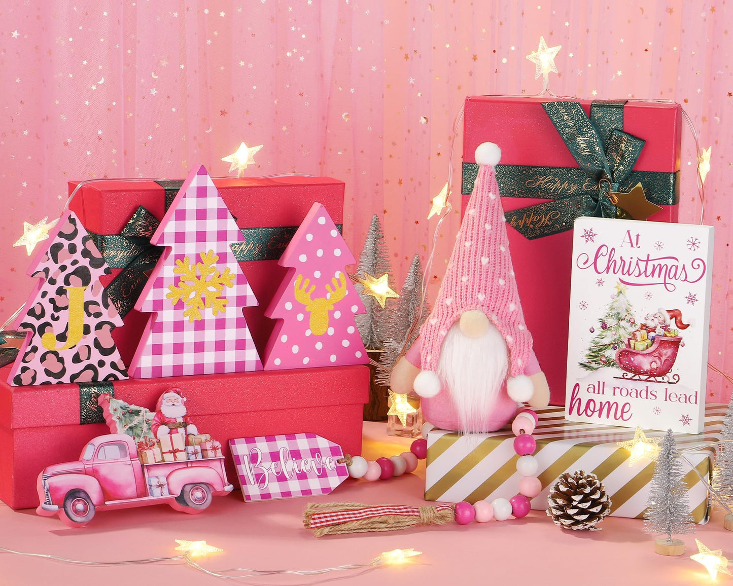 Asoulin Pink Christmas Tiered Tray Decor 8 PCS Xmas Decorations Indoor - Believe Christmas Wooden Signs & Pink Xmas Gnome Plush Set - Table Decor Tier for Home Kitchen Mantel