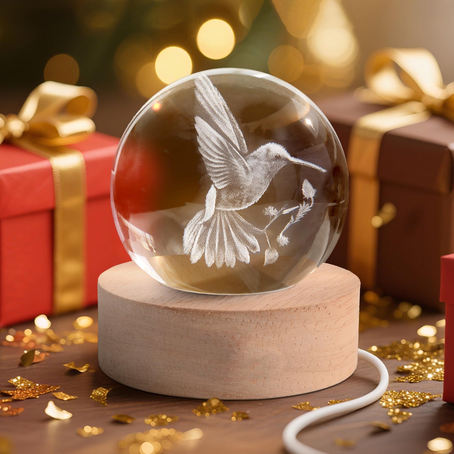 AOFEGRLT 3D Laser Engraved Bird Crystal Ball with LED Stand, 60mm Hummingbird Figurine Lamp Night Light, Glass Hummingbird Globe Paperweight Gift
