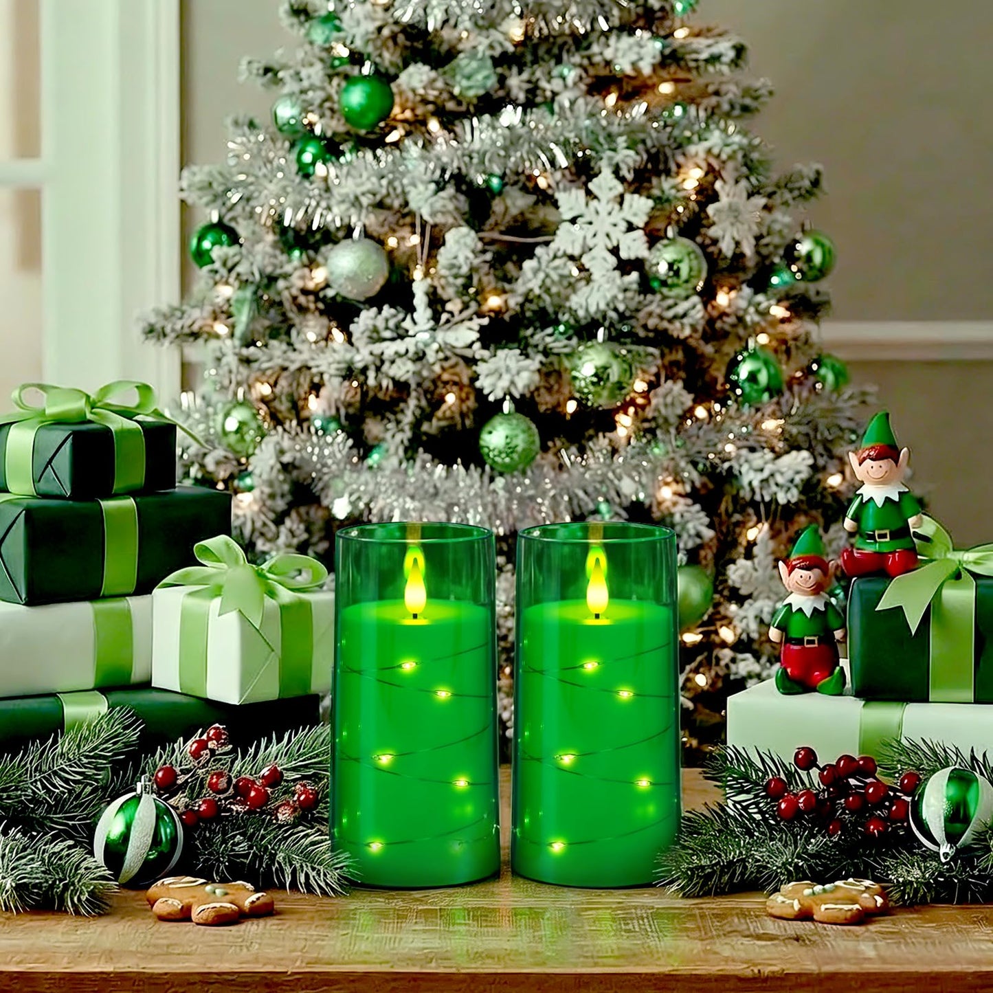Homemory St. Patrick's Day Flameless Candles with Embedded Star String Fairy Lights, Green Battery Operated Candles, LED Candle, Fake Candles with Remote Control and Timer, Set of 2(H 6" 6")