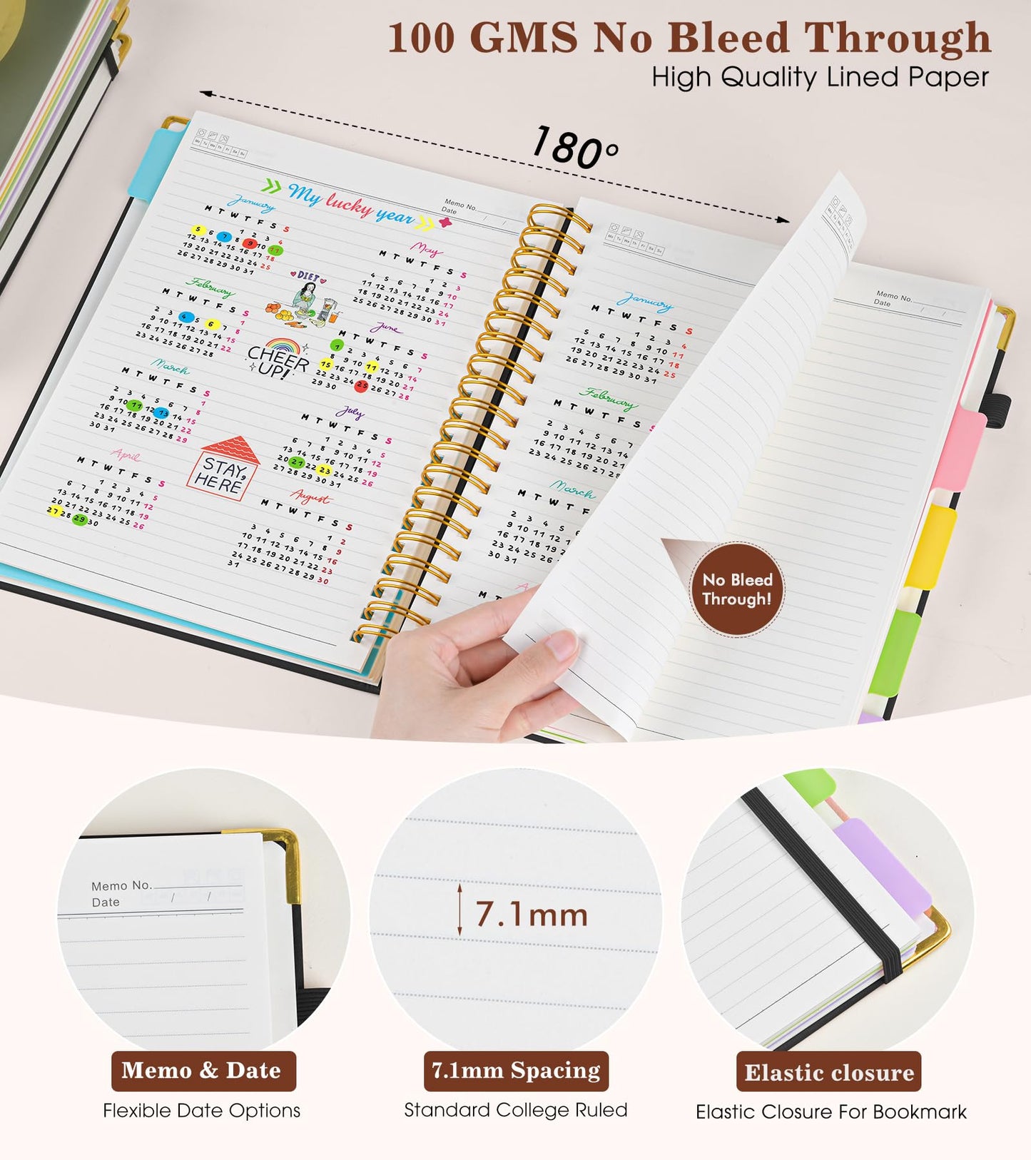 Hardcover Large Spiral Notebook 8.5" x 11" with Removable Dividers Tabs, 300 pages Leather 5 Subject Notebook College Ruled, A4 Journal for Women Men, Notebooks for Work School Note taking,Black