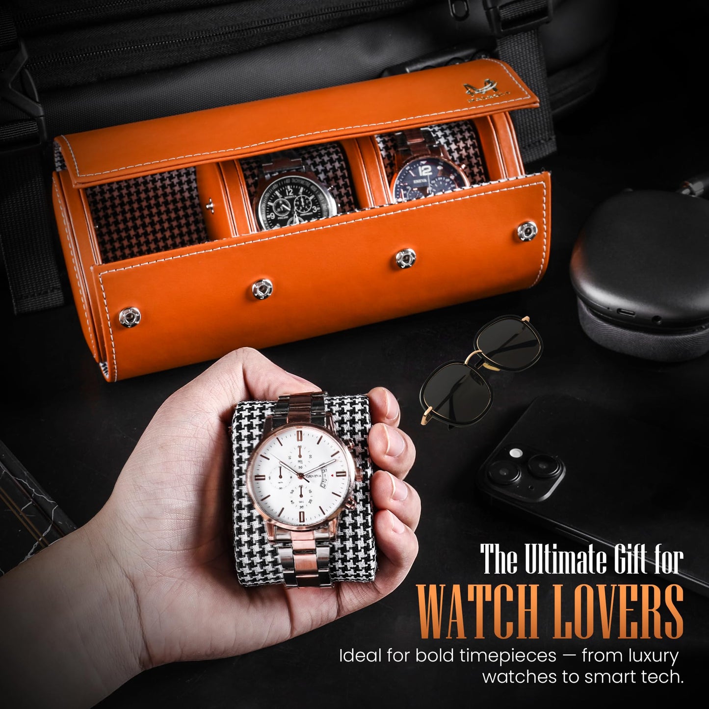 MALROLL Genuine Leather Watch Roll Travel Case & Watch Case for Men – 3 Watch Roll with Dividers & Removable Snap Pillows – Watch Case for Travel & Display