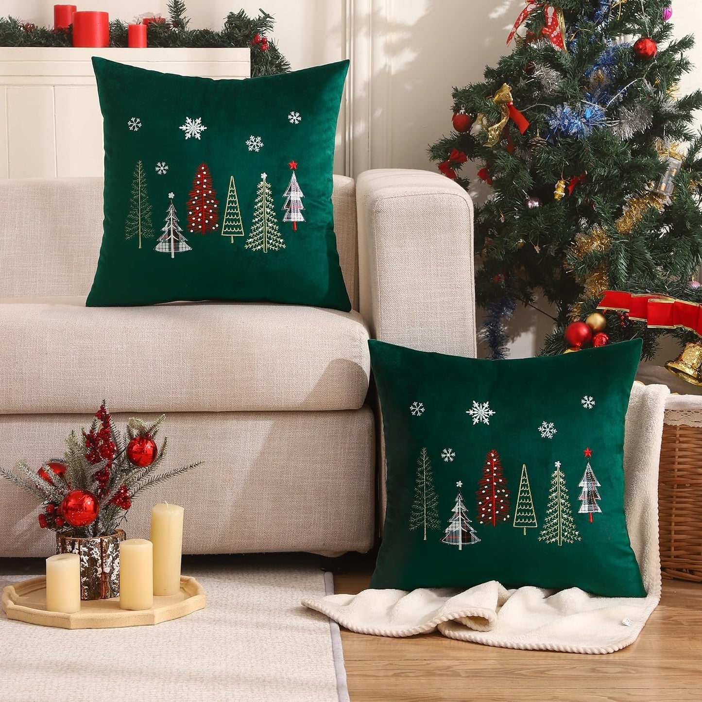 Tosleo Christmas Embroidery Throw Pillow Covers 20 x 20 inch Set of 2 Christmas Decor Velvet Pillowcases Forest Green Xmas Trees Cushion Pillow Cases Soft Square Holiday Pillowcase