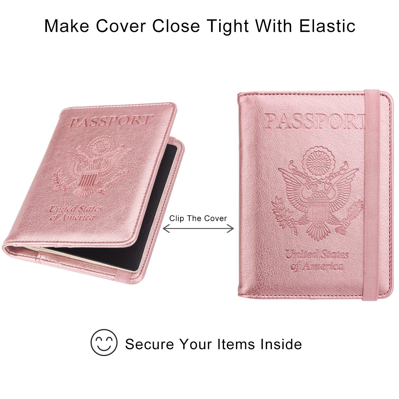 WALNEW Passport Holder for Travel, RFID Passport Cover Wallet for Women Men, PU Leather Passport Book Card Holder Case with Pen (Elastic Band Closure, AA-Brown+Rosegold)