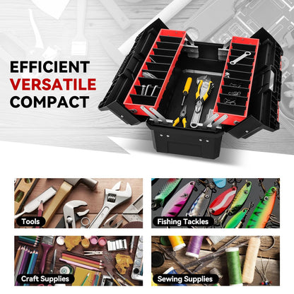 Auto Dynasty Tool Box Set Portable 2-layer Folding Toolbox with Non-slip Handle Tray for Garage, Workshop and On-the-Go Repairs, Red/Black