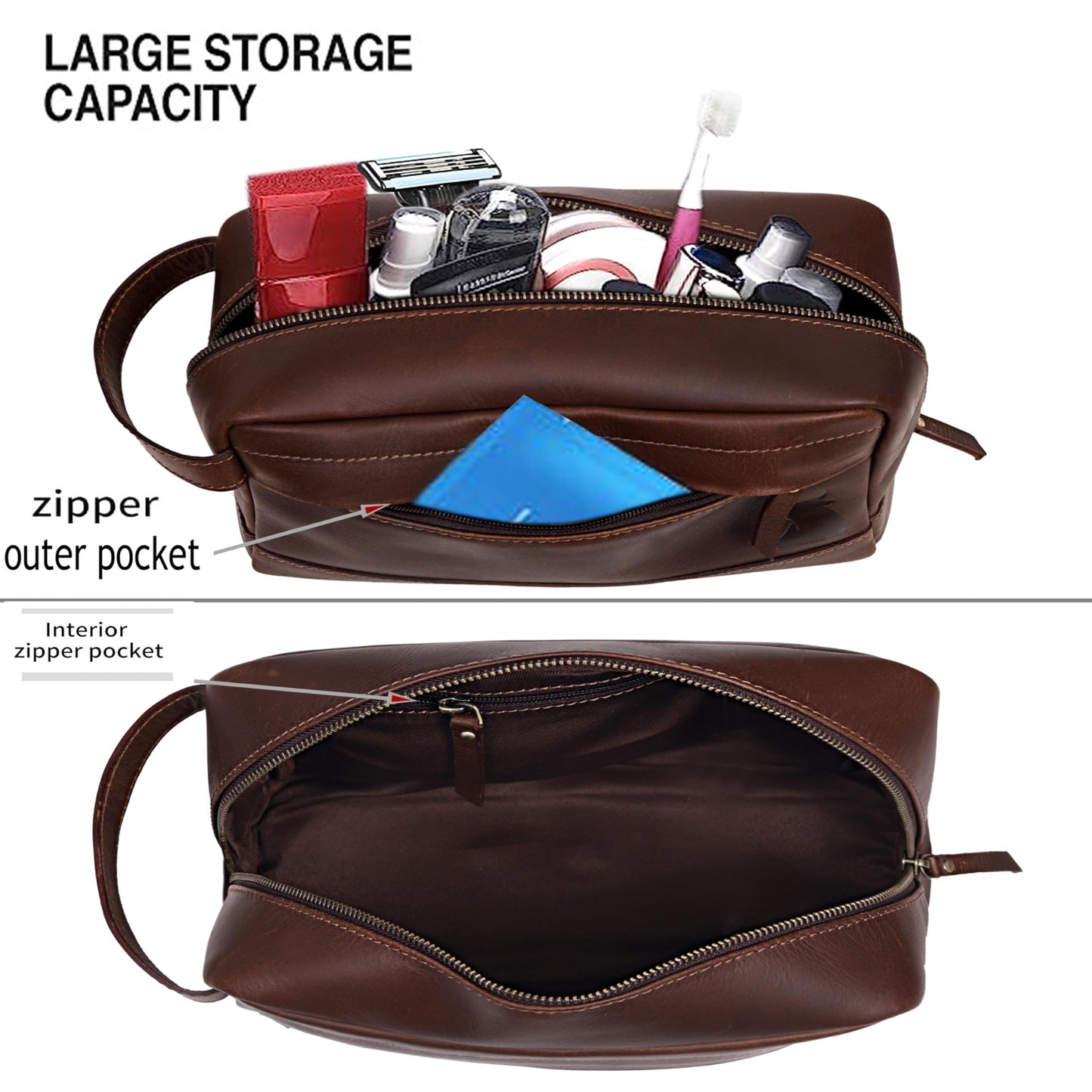 Leather Farm Premium Buffalo Leather Toiletry Bag for Men & Women - Dopp Kit With Water Resistant Lining, Shaving Pouch, Unisex Wash Bag For Toiletries, Gifts For Men and Women - Dark Brown