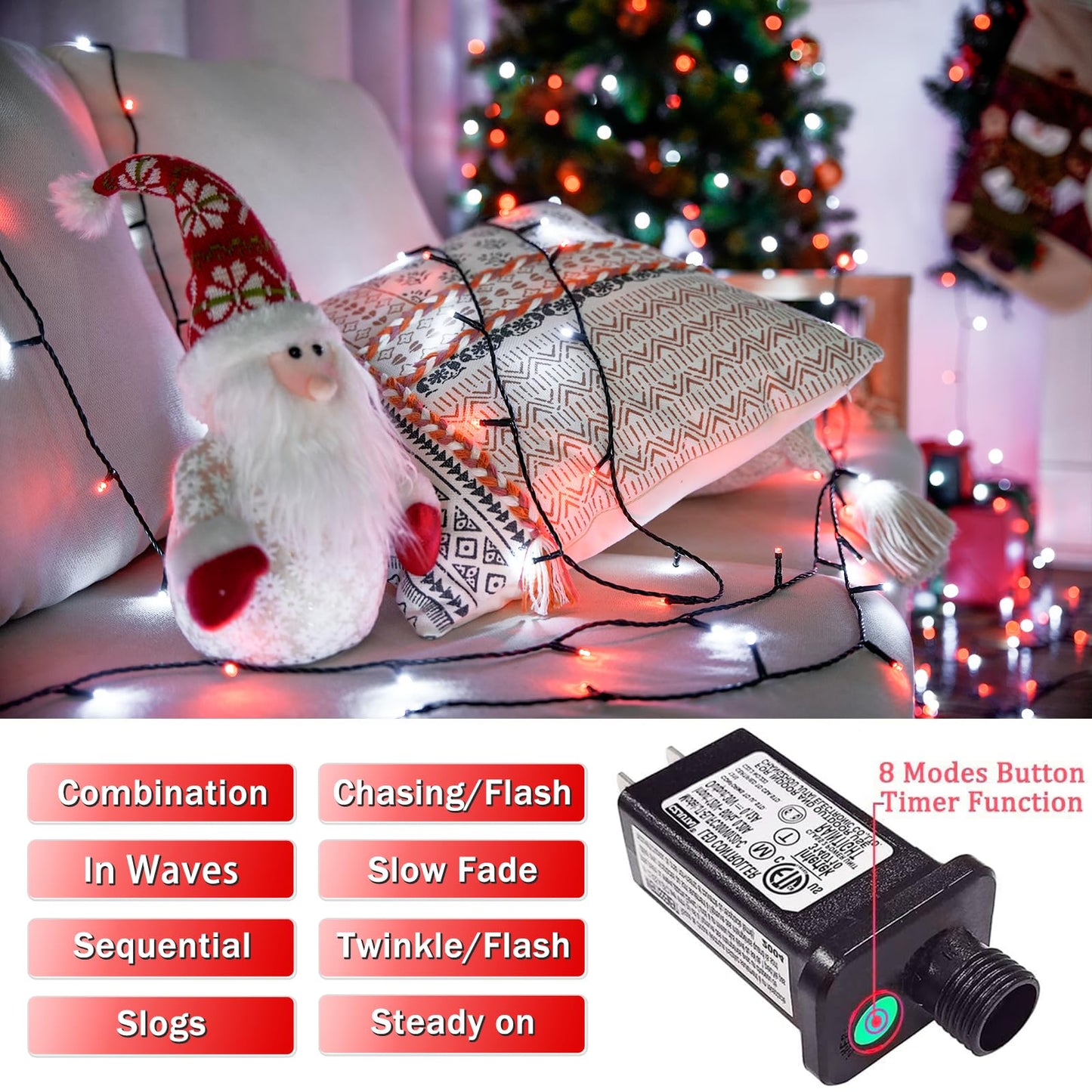 JMEXSUSS 66ft 200 LED Red and White Christmas Lights, Outdoor String Plug-in, Expandable for Tree Outside Party Home Decorations