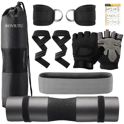 Barbell Pad Set,10 Pcs Barbell pads For Hip Thrust Squat & Lunges Support,With 2 Workout Ankle Straps, 2 Workout Gloves, 2 Gym Straps Weight Lifting, Resistance Bands,Olympic Bar Pad,Carry Bag (Black, Large-Gloves)