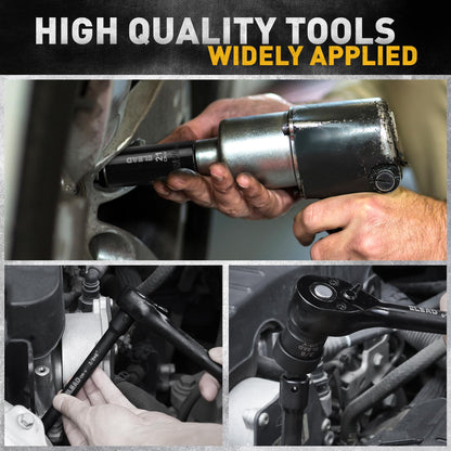 3/8'' Drive Impact Socket Set - 50-Piece Shallow & Deep Socket Set Metric and Standard Full with Universal Joint, Extension Bar, 1/2 to 3/8 Reducer, Hex Shank Socket Adapter, Ratchet Handle