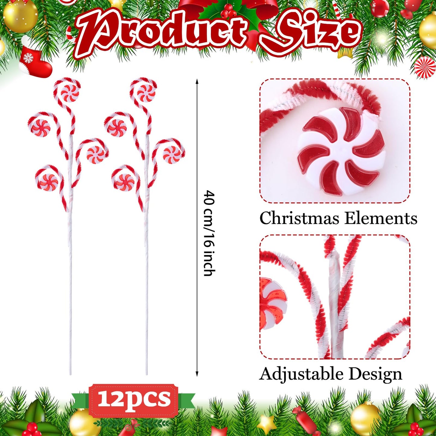 Suncalla 12 Pcs Red White Candy Cane Christmas Picks 16" Large Furry Spiral Curly Sprays Elf Ornaments Stems for Christmas Tree Topper Filler Party Vase Filler Wreath Garland