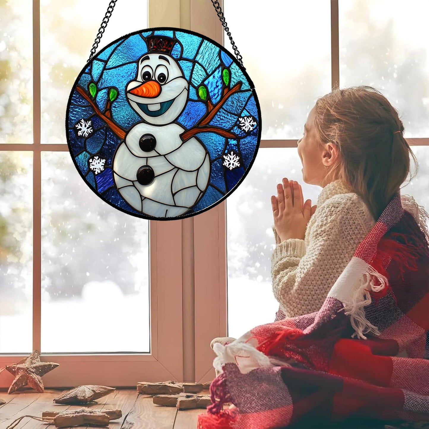 JOSUMALY Stained Glass Window Hanging Christmas Funny Snowman 6.3" - Suncatcher Door Garden Blue White Snowflakes Sun Catcher New Year Birthday for Friend Mom Men Woman Nana