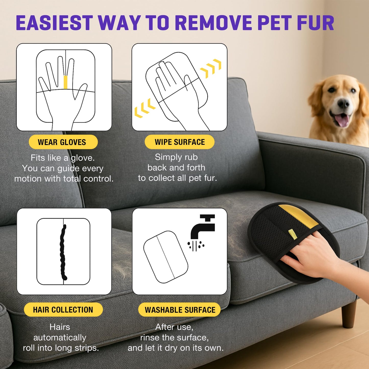 Jioroos Pet Hair Remover Gloves for Cats & Dogs, Electrostatic Pet Hair Removal Gloves Brush for Pets Hair, Upgraded Animal Fur Removal Tool, Reusable Cats & Dogs Grooming Gloves for Hair Removal (1)