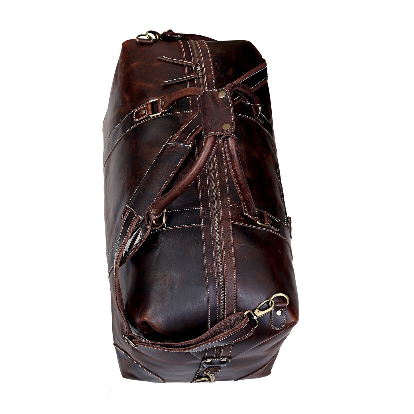 Leather Farm 24 Inch Genuine Buffalo Leather Travel Duffel Bag, Overnight Weekend Bag Sports Gym Duffel for Men, Airplane Under Seat Carry on Bags (Brown)