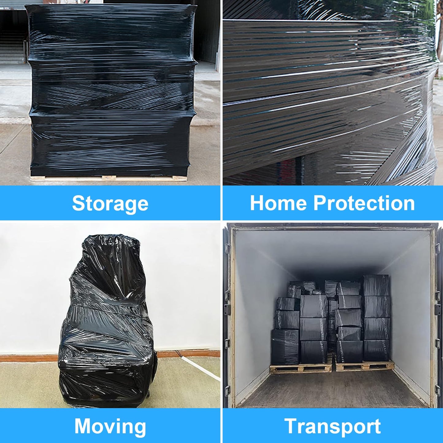 Black Pallet Wrap Stretch Film: 4 Pack Moving Wrapping Plastic Roll with 2 Handles, 18" Strength up to 800%, 80 Gauge Thick Shrink Wrap Roll for Pallet Packaging, Transportation, Stability, Protection