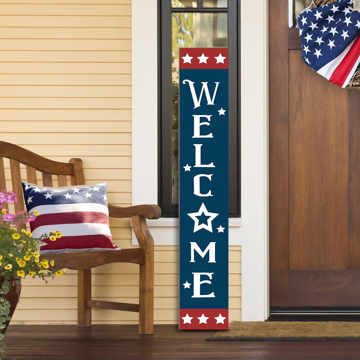 Patriotic Wooden Porch Sign 47" 4th of July Independence Day Large Welcome Sign Memorial Day Vertical Indoor Outdoor Standing Sign For Garden Home Yard Farmhouse