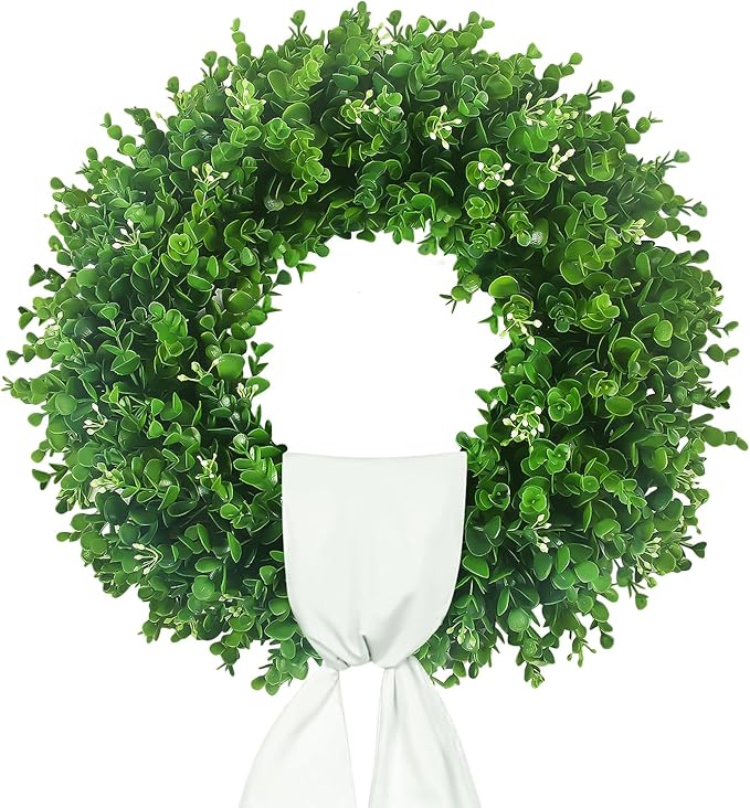 Boxwood Wreaths for Front Door 18-20'', UV Resistant Leaves with White Flower Core, Artificial Green Wreath with a Sash for Farmhouse Wedding Outdoor Indoor Hanging Decor All Seasons
