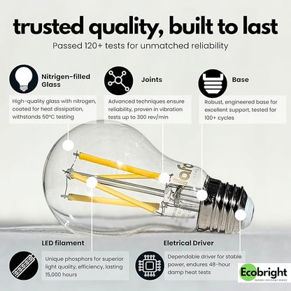 EcoBright 4PK Dimmable A19 LED Filament Bulb, 10W (100W Equivalent), E26 Base, 1100 Lumens, CRI90+, Flicker-Free Clear Glass, Energy Star Title 20, Warm White 2700K