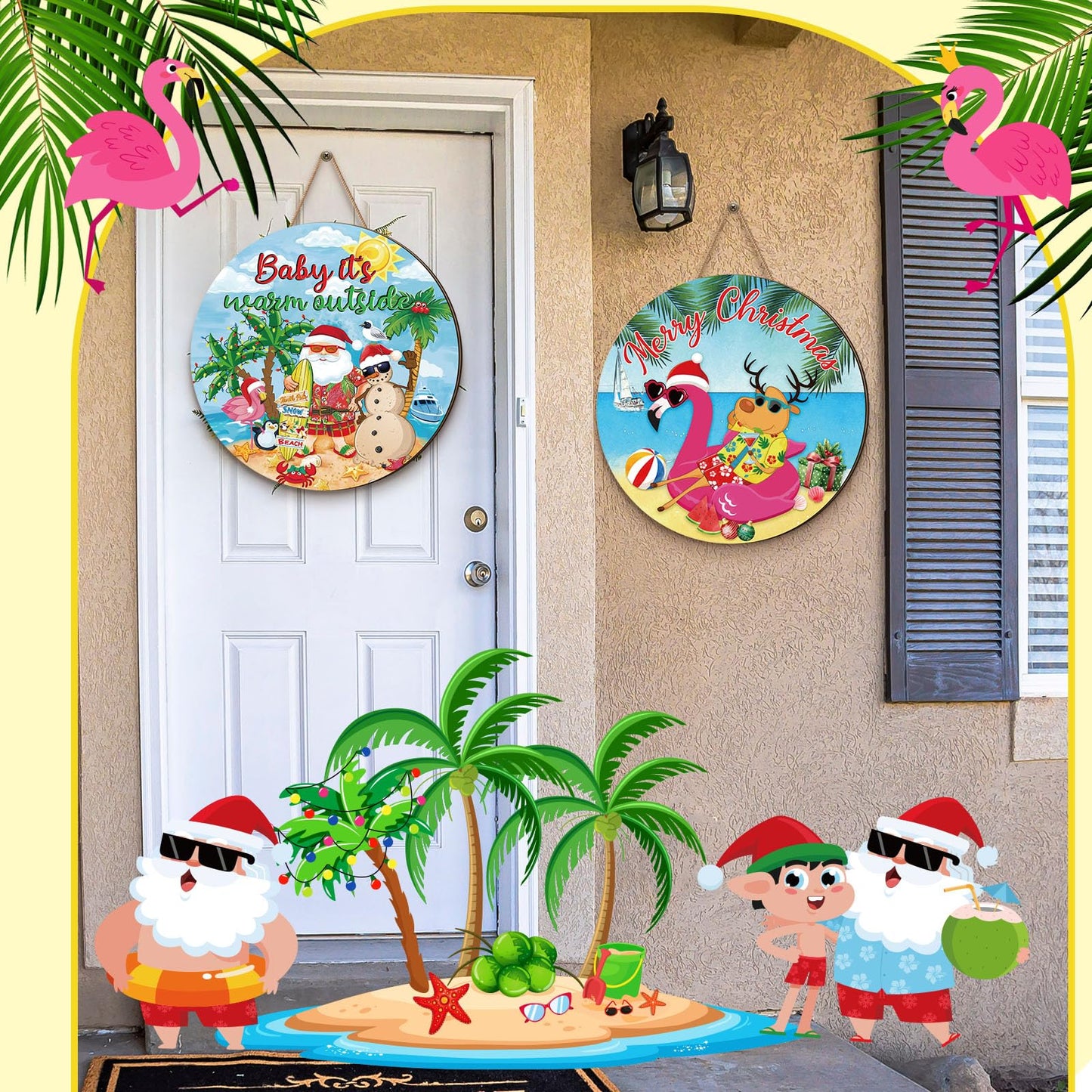 Blosssound 3 Pcs July in Christmas Decorations Summer Front Door Sign with Flaming Santa Beach Snowman Hawaiian Wooden Hanger Door Sign for Farmhouse Home Summer Xmas Decor Supplies