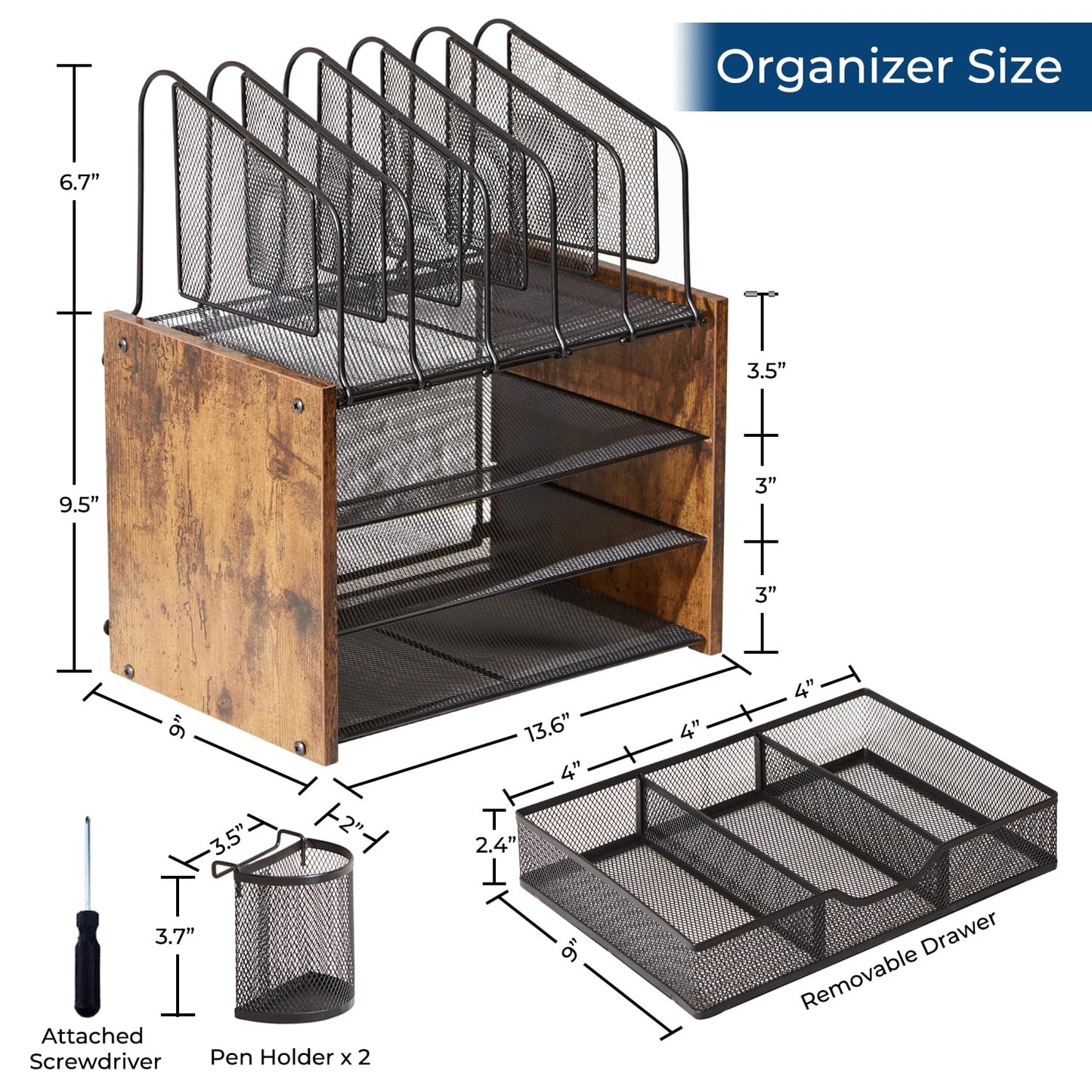 Y YOMA Wooden Desk Organizer, 4-Tier Mesh Desk Organizer with Drawer, Paper Tray & 5 Vertical File Holders, 2 Pen Holders, Desktop Organizer and Accessories for Home Office Dorm