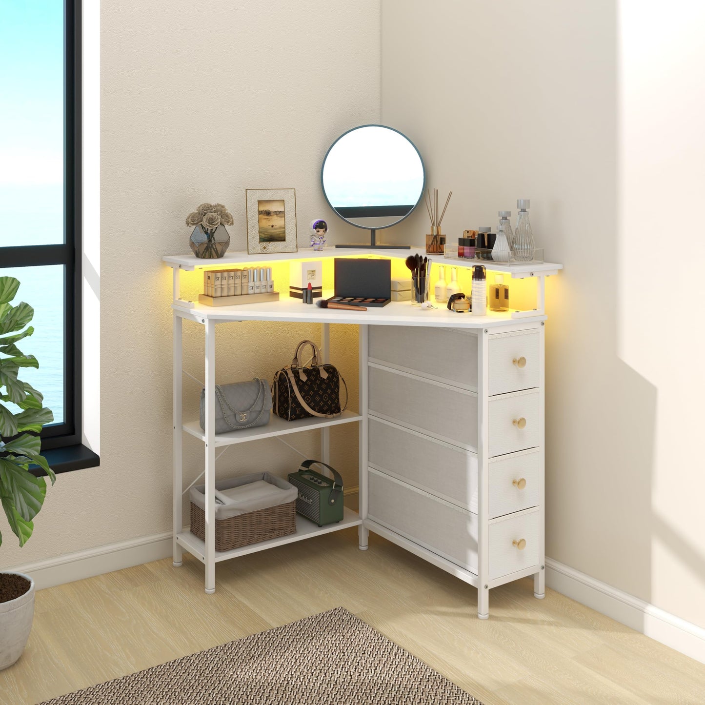 VENNQD Corner Desk with Drawers Shelves for Small Space 90 Degrees Triangle Computer Desk with Power Outlets,Gaming Desk with LED Lights Monitor Stand for Home Office Workstation Writing Table (White)