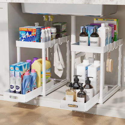 2PC Under Sink Organizer Rack 2 Tier Under Sliding Cabinet Basket Organizer Drawer with 4 Hooks, Multi-purpose Under Sink Storage for Bathroom Kitchen Desktop（Black）