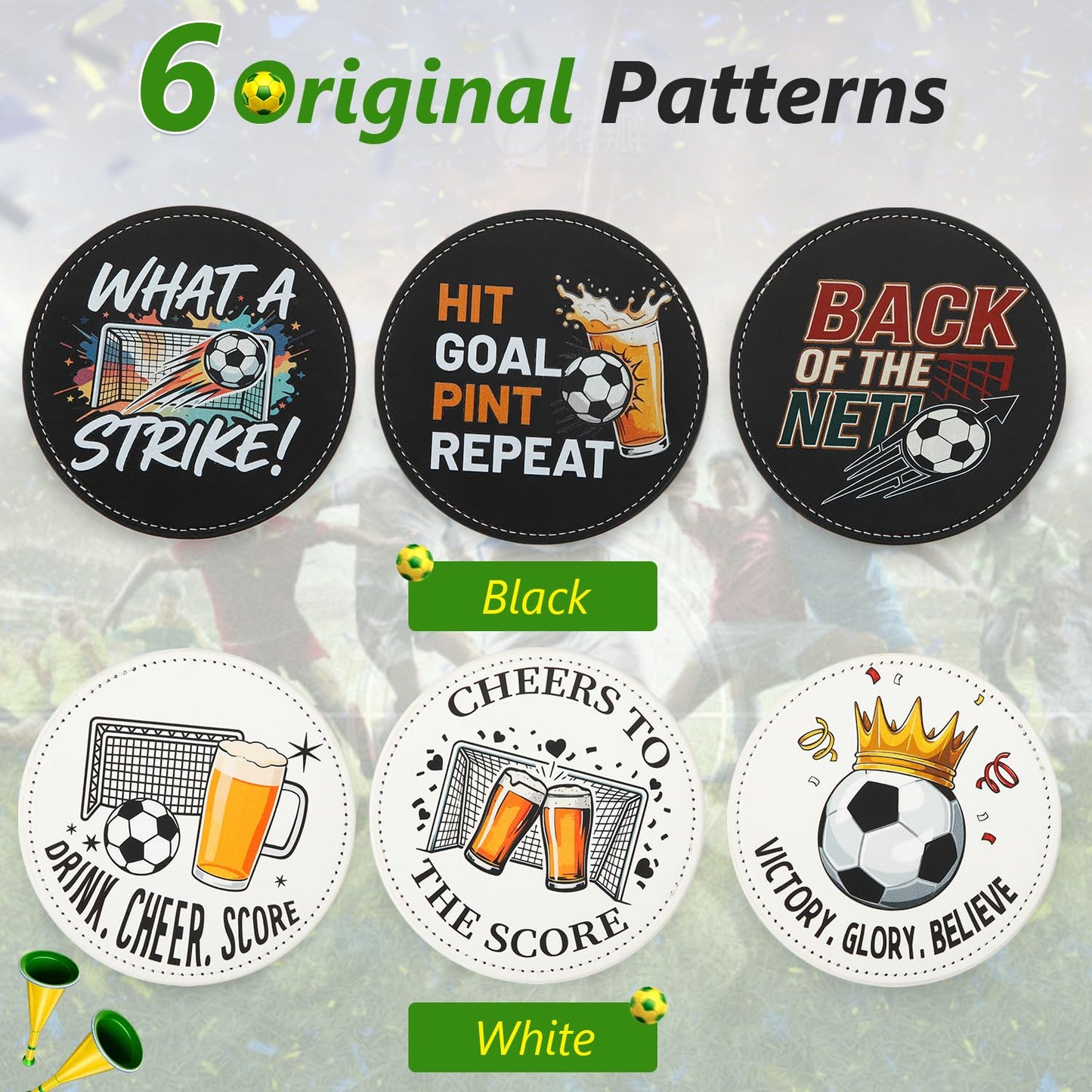BEADJONE 6 Pack Soccer Coasters for Drinks Set, 3.9" Leather Football Coasters with Holder, Waterproof Tabletop Protection for Home Bar Watch Parties & Game Day Decor, Sports Fans Gifts