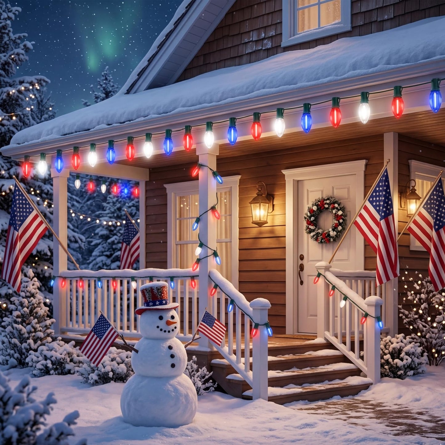 TWINGLEHOME 25 LED Transparent C9 String Lights with Green Wire, Multifunctional Modes Lighting (Red, White, Blue) for Nation Day