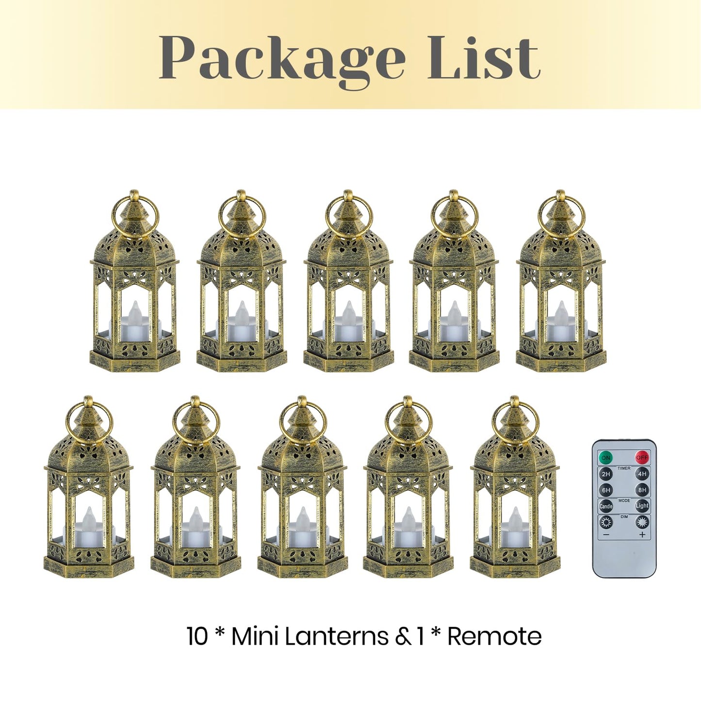 Hewory Mini Lanterns with Remote Control: Set of 10 Gold Decorative Lanterns for Centerpeces - Holiday Party Decoration for Wedding, Ramadan, Diwali, Halloween, Christmas