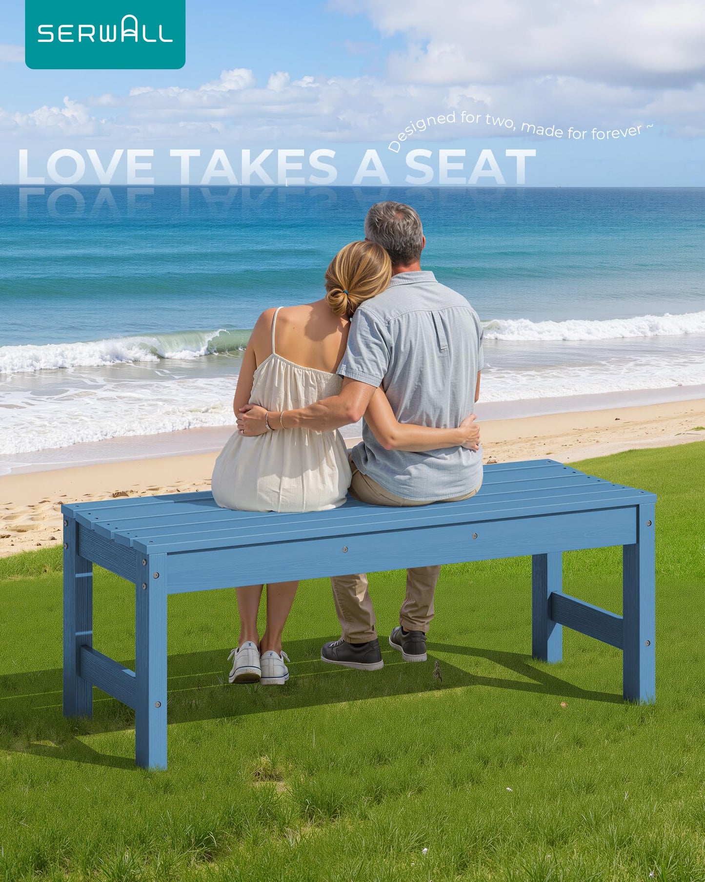 SERWALL 47 Inches Outdoor Bench, All Weather HDPE Backless Bench with Wood Grain Texture for Garden Porch and Park, Curved Bench Seat for Comfort, Blue