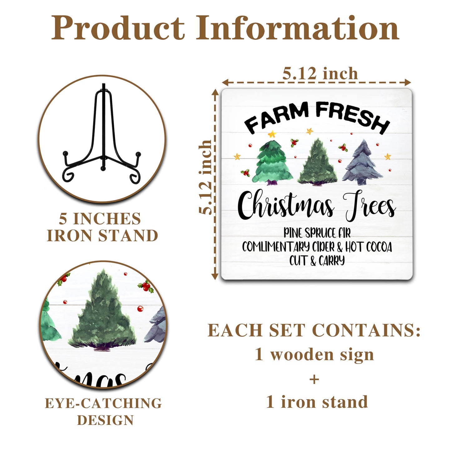 Cazhes Farmhouse Christmas Decor, Christmas Tree Sign Decorations for Home Bedroom, 5x5 Inches Wooden Xmas Decor with Iron Stand, Birthday New Year Gifts for Women-G04