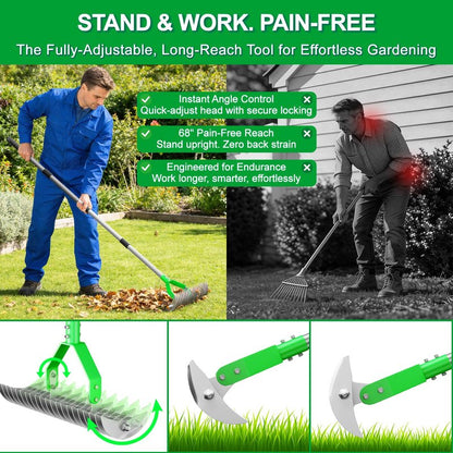 Thatch Rake for Lawn with 68" Adjustable Handle, 15" Heavy Duty Dethatcher Rake for Lawn, Thatching Rake with Dual-Action Tines, Dethatching Rake for Efficiently Removes Dead Grass, Loosens Soil