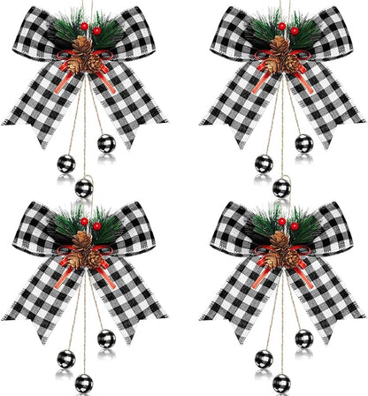 Xinnun 4 Pieces Christmas Buffalo Plaid Bows with Pine Cones Pine Needles Xmas Plaid Bow Ornament Christmas Tree Wreath Decoration for Holiday Parties DIY Crafts Home Decor (White,Black)