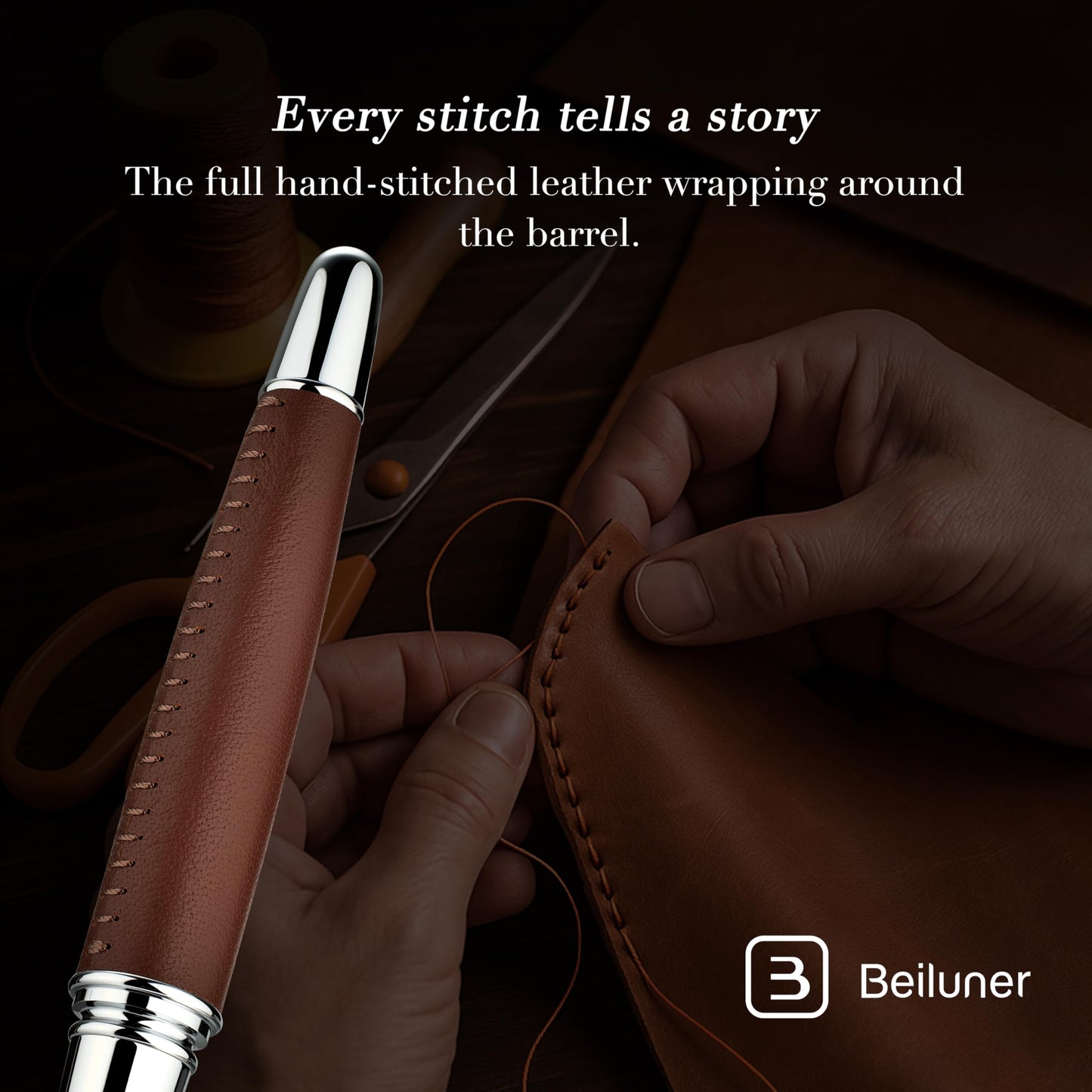 BEILUNER 318 Luxury Leather Pen, Hand-Stitched Premium Leather, Chrome-Plated Finish, Schmidt Ink Refill, Fancy Rollerball Pen Gift Set for Men & Women, Executive Writing, Nice Designer pen