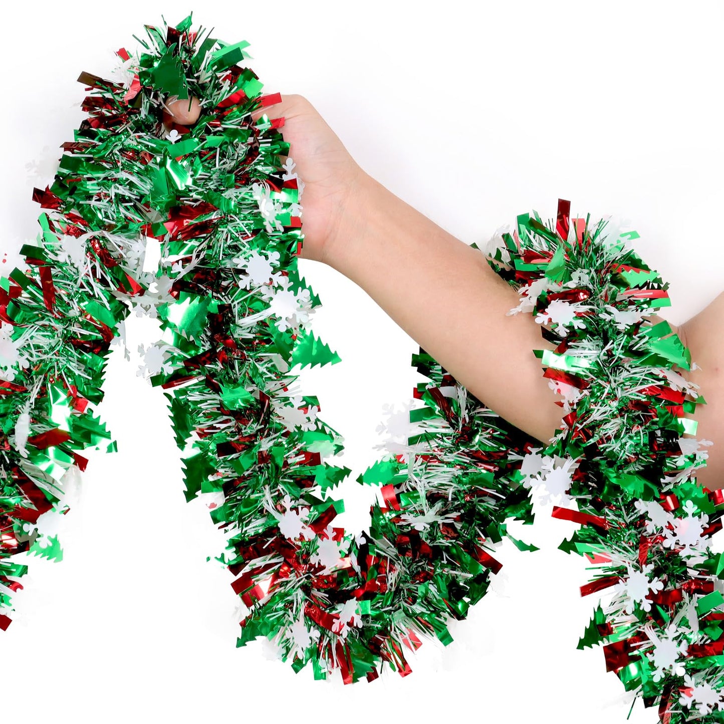 50Ft Tinsel Garland Christmas Tree Decorations,Xams Twist Garland with Snowflake Tree for Stairs Railing Mantle Indoor Outdoor Holiday Home Red Green White