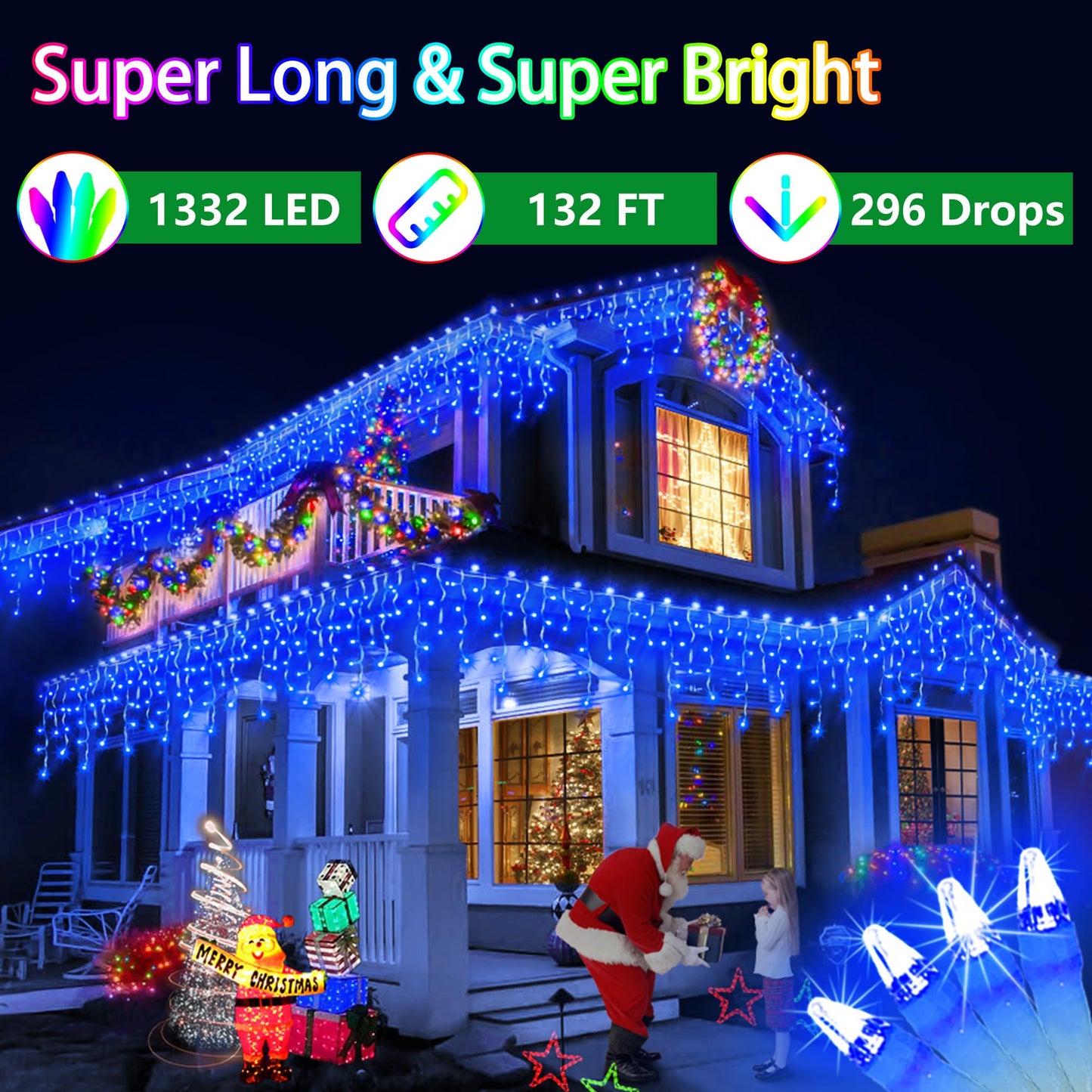 WUXYIYANG 132FT 1332 LED Outdoor Christmas Lights - 296 Ice Drops, 12 Pro Modes with Timer Memory & Brightness, Waterproof Hanging Ice String Light for Holiday Wedding Garden Fence House Decor (Blue)
