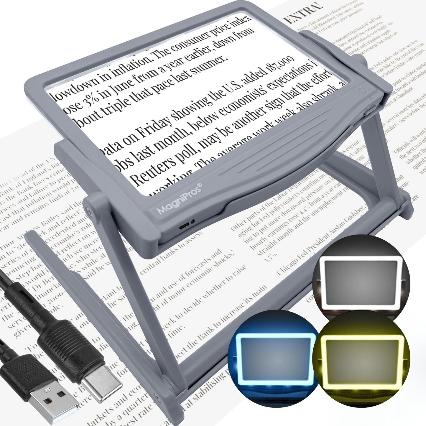 MAGNIPROS Patented 5X [Rechargeable] LED Page Magnifier with Foldable Stand | Eye Caring 3-Color Light Modes & Anti-Glare Lens for Reading Fine Print, Crafting, Low Vision & Seniors