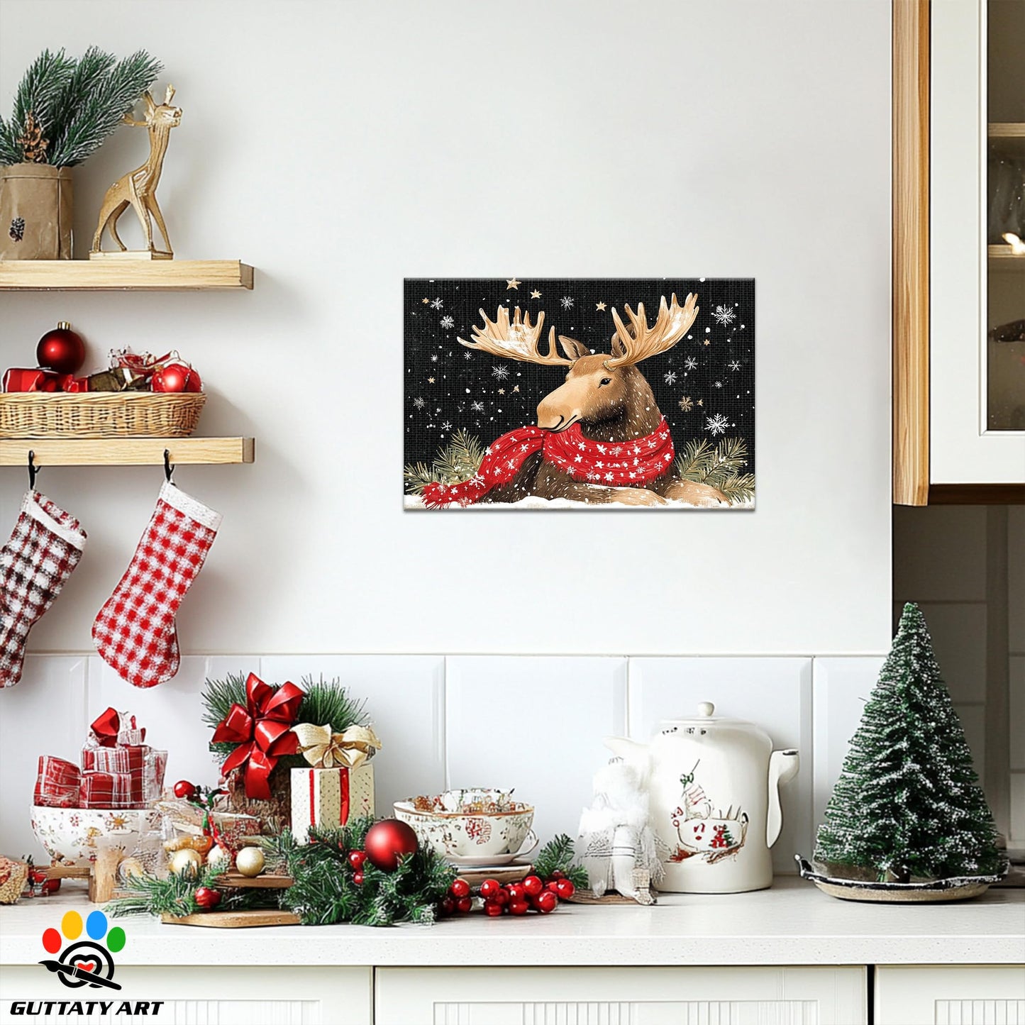 GUTTATY Christmas Canvas Wall Decor, Elk with Red Scarf Christmas Wall Art, Winter Scene Christmas Pictures Wall Decor, Snowy Christmas Posters Framed for Living Room, Bedroom, Office 18x24 Inch