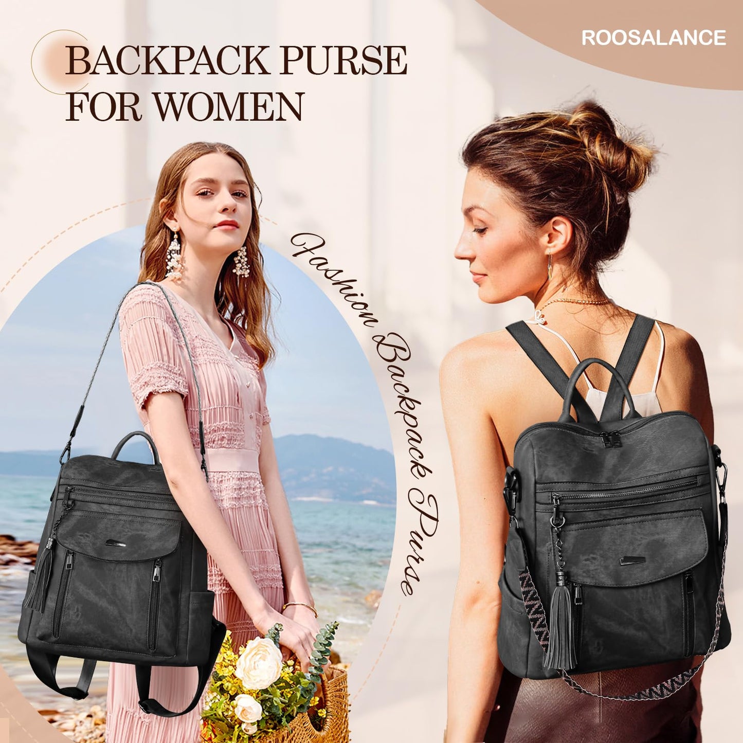 ROOSALANCE Backpack Purse for Women Pu Leather Backpack Fashion Ladies Shoulder Bag Handbags for Travel Daily Use, Black