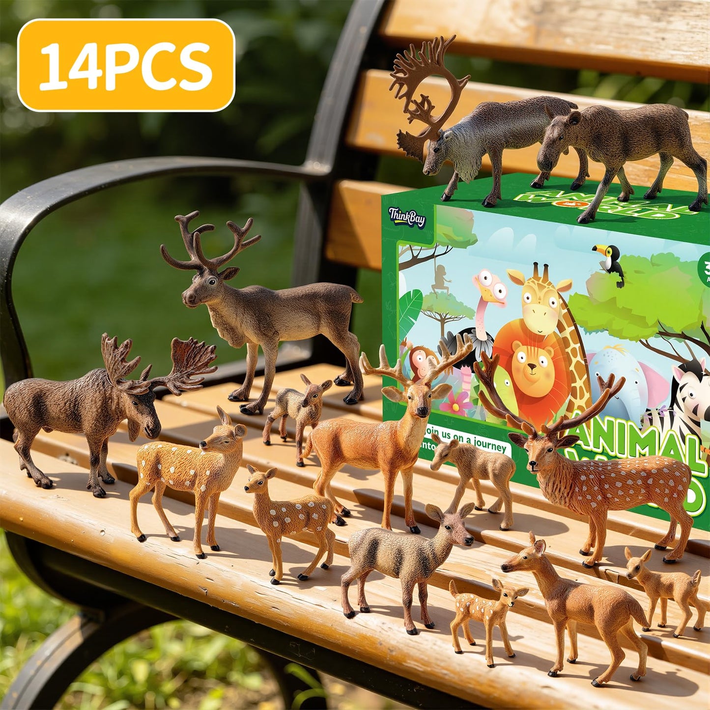 THINKBAY 14 PCS Deers Family Figurines Set - Elk, Reindeer, Moose, Sika Deer, Whitetail Deer - Realistic Solid Wild Animal Figures for Kids 3+, Educational Toys, Cake Toppers, Party Favors