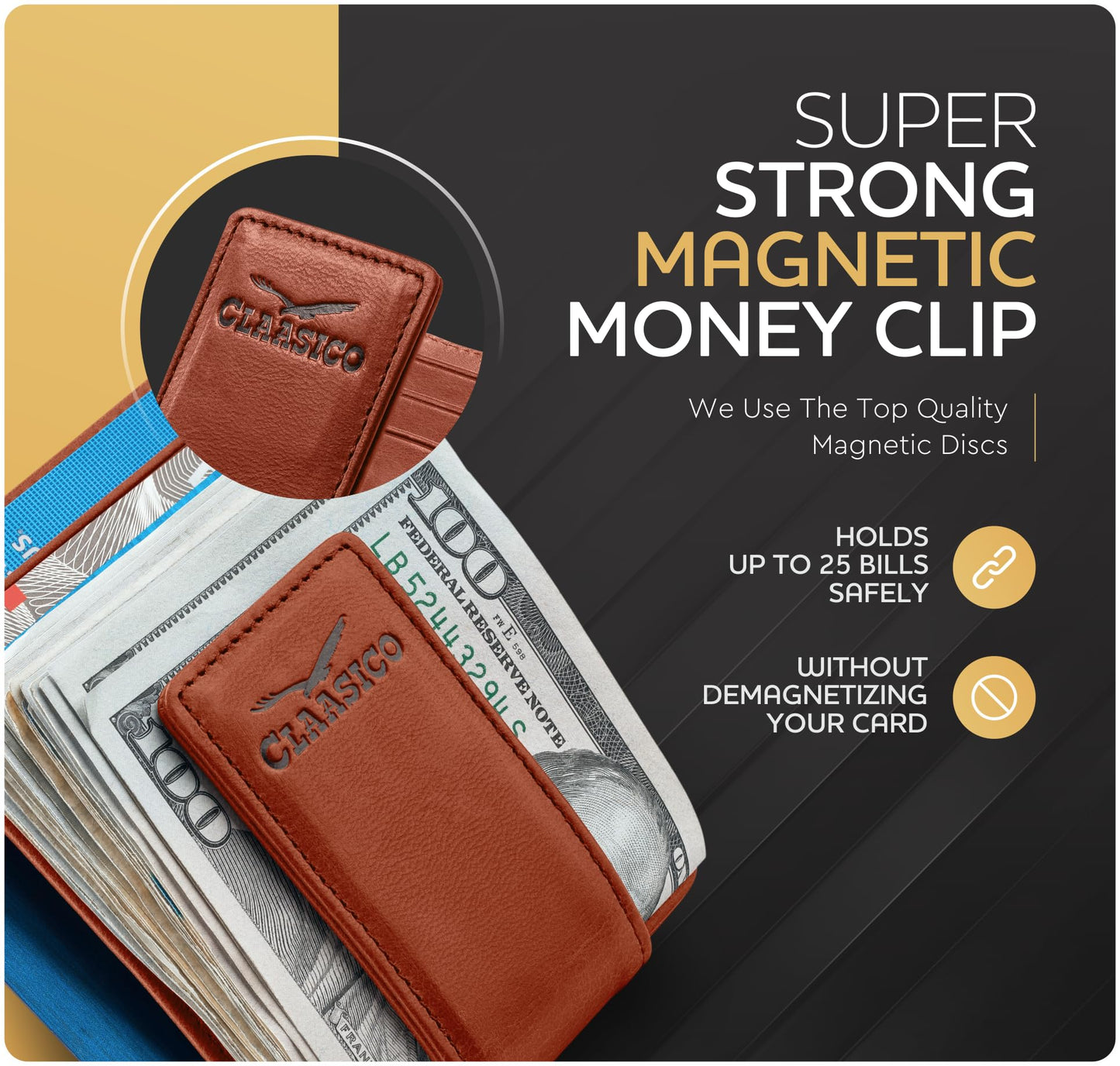 Claasico Men’s Leather Money Clip Wallet – Slim Front Pocket Wallet w/Super Strong Magnetic Clip, RFID Blocking, 5 Card Slots & Center Pocket + ID Window