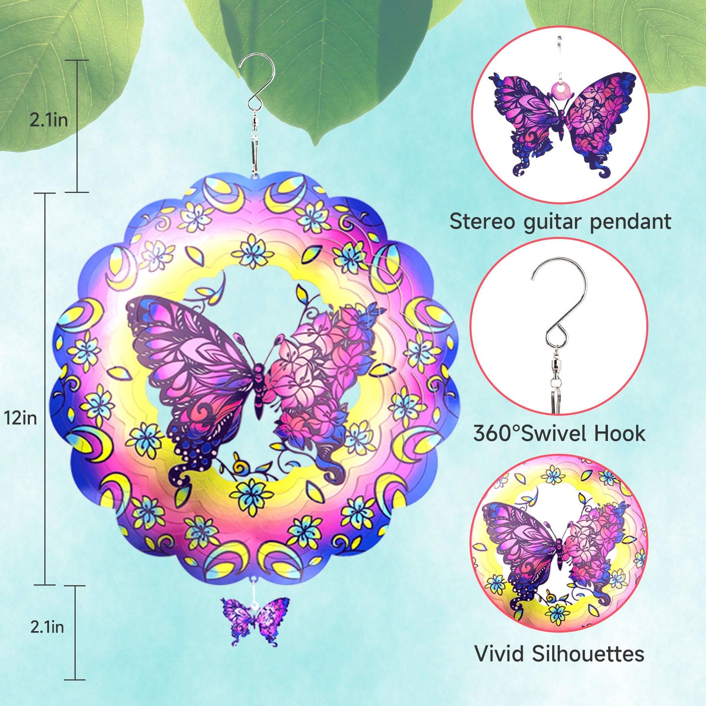 Butterfly 12 Inch Wind Spinners Garden Yard Decor Gift for Women Men, Outdoor Purple Metal 3D Wind Spinner, Stainless Steel Hanging Wind Catchers Sculpture for Outside Decoration