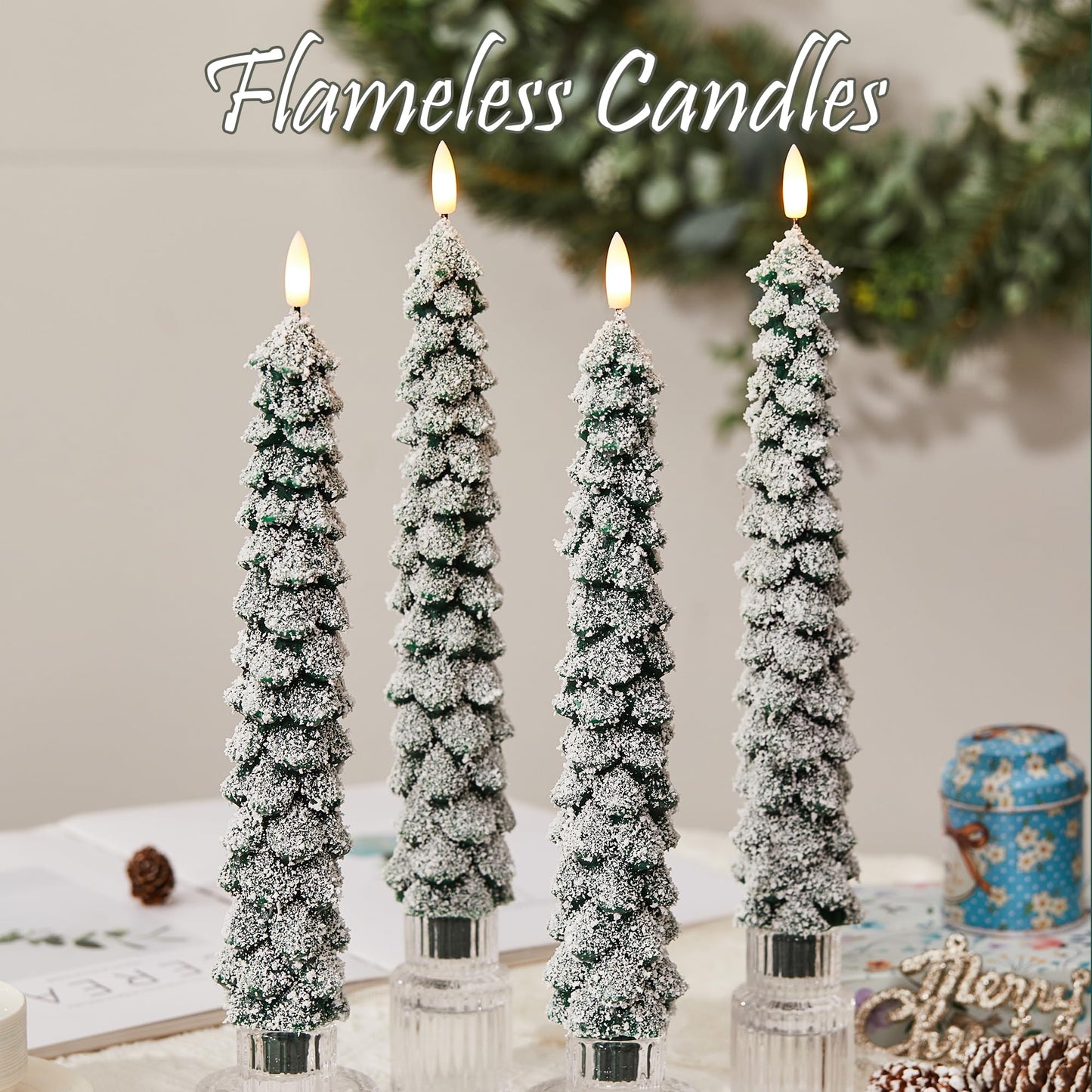 Velsyn 4 Pack Christmas Tree Candles Covered in Snow with Remote, 11 Inch Real Wax flameless Taper Candles, LED Candle Battery Operated with 3D Flickering Flame, Green Candlesticks Christmas Decor