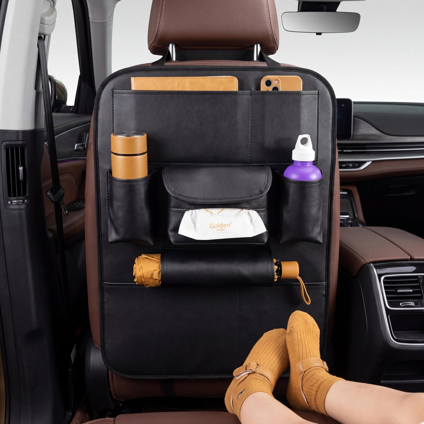 SANMITTI 2 Pack PU Leather Premium Car SeatBack Organizer Travel Accessories Kick mats Back seat Protector and Cup Holder Holder Universal Use Seat Covers (23×17 in)