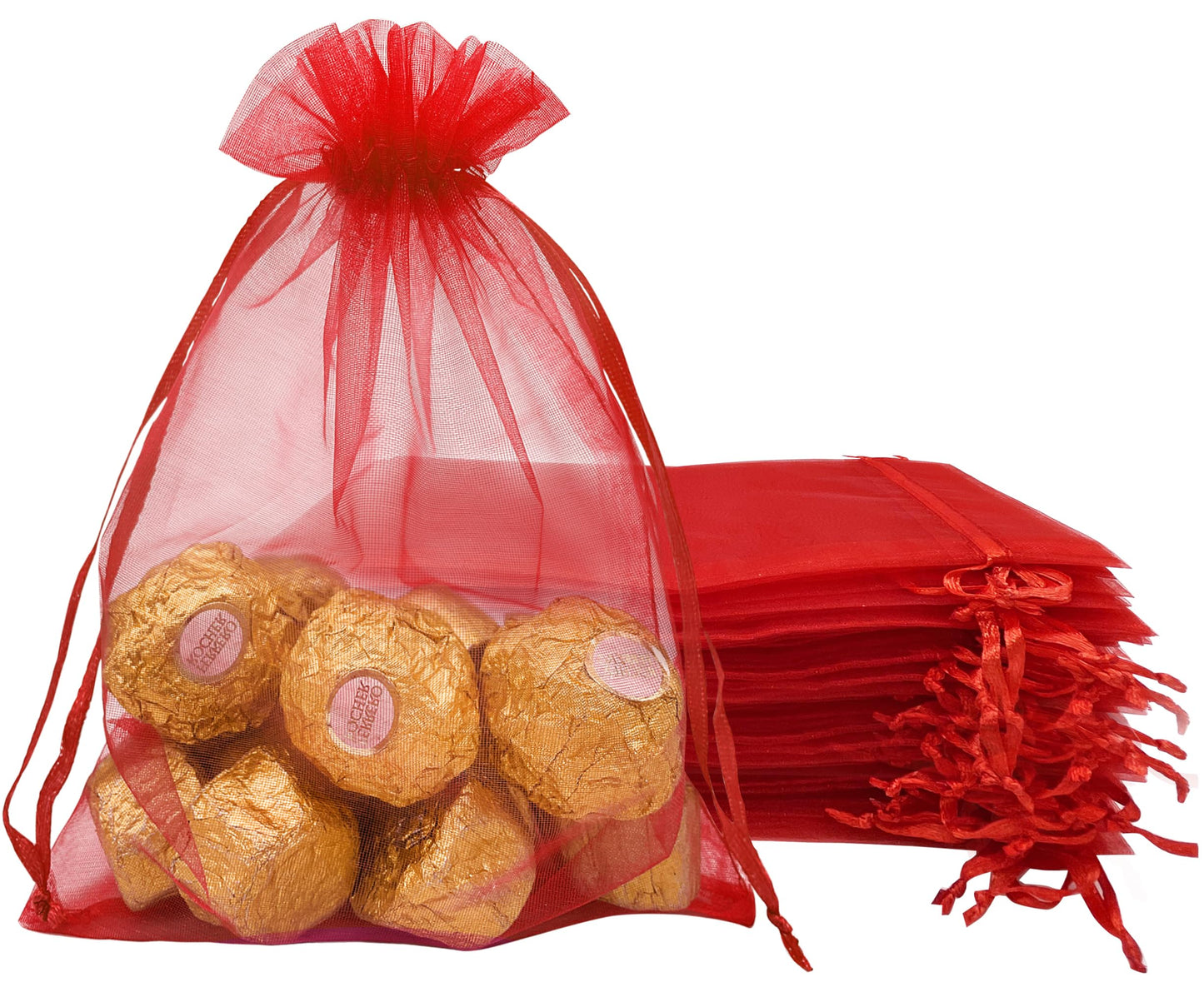Jexila 100PCS Red Organza Gift Bags 5''X7'' Sheer Mesh Drawstring Pouch for Jewelry Christmas Mother's Day Party Favor Goodie Candy Treat Bags